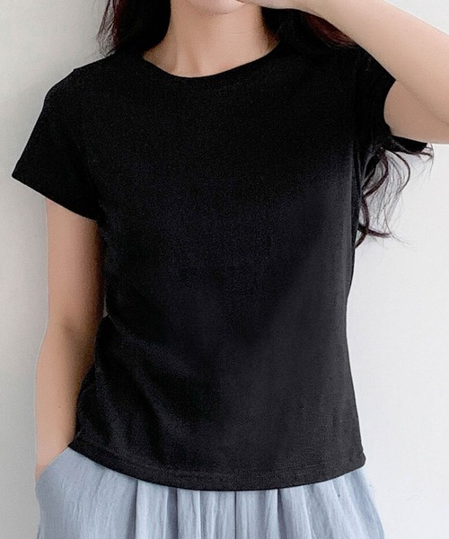 LOWO（ロワ）の「【S/Mサイズ】伸縮スラブ天竺クルーネックTシャツ（Tシャツ/カットソー・レディース・グレー/ブラック/オフホワイト・M/S）」の11枚目の写真