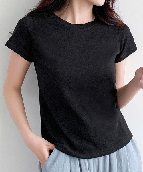 LOWO（ロワ）の「【S/Mサイズ】伸縮スラブ天竺クルーネックTシャツ（Tシャツ/カットソー・レディース・グレー/ブラック/オフホワイト・M/S）」の12枚目の写真