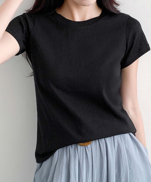 LOWO（ロワ）の「【S/Mサイズ】伸縮スラブ天竺クルーネックTシャツ（Tシャツ/カットソー・レディース・グレー/ブラック/オフホワイト・M/S）」の13枚目の写真