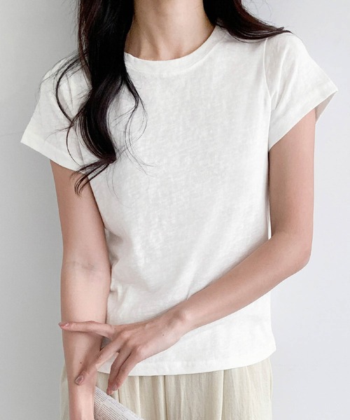 LOWO（ロワ）の「【S/Mサイズ】伸縮スラブ天竺クルーネックTシャツ（Tシャツ/カットソー・レディース・グレー/ブラック/オフホワイト・M/S）」の14枚目の写真