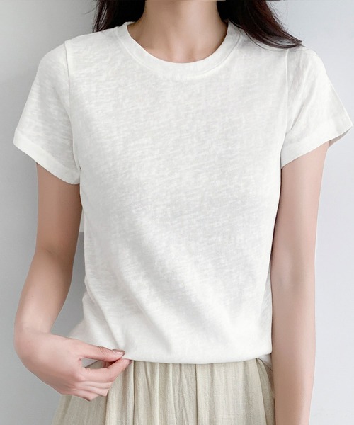 LOWO（ロワ）の「【S/Mサイズ】伸縮スラブ天竺クルーネックTシャツ（Tシャツ/カットソー・レディース・グレー/ブラック/オフホワイト・M/S）」の15枚目の写真