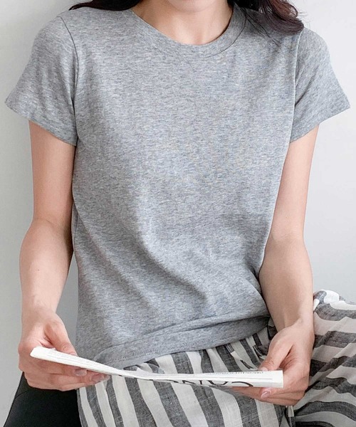 LOWO（ロワ）の「【S/Mサイズ】伸縮スラブ天竺クルーネックTシャツ（Tシャツ/カットソー・レディース・グレー/ブラック/オフホワイト・M/S）」の19枚目の写真