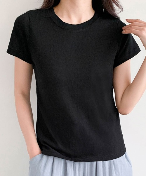 LOWO（ロワ）の「【S/Mサイズ】伸縮スラブ天竺クルーネックTシャツ（Tシャツ/カットソー・レディース・グレー/ブラック/オフホワイト・M/S）」の21枚目の写真
