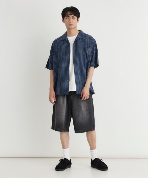 BACK NUMBER(バックナンバー)の「【BACK NUMBER】サッカーチェック半袖シャツ (オープンカラー / 涼感 / 羽織り / 爽やか / リラックスシルエット)(シャツ/ブラウス・メンズ・キナリ/ブラック/ブルー・M/L/XL/S)」の5枚目の写真