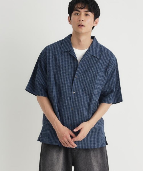 BACK NUMBER(バックナンバー)の「【BACK NUMBER】サッカーチェック半袖シャツ (オープンカラー / 涼感 / 羽織り / 爽やか / リラックスシルエット)(シャツ/ブラウス・メンズ・キナリ/ブラック/ブルー・M/L/XL/S)」の6枚目の写真