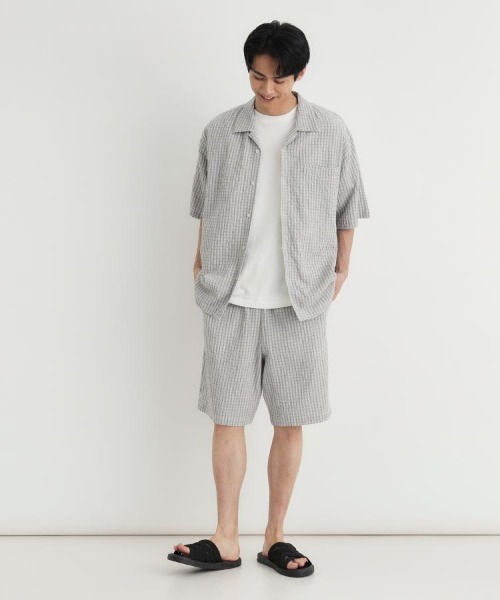 BACK NUMBER(バックナンバー)の「【BACK NUMBER】サッカーチェック半袖シャツ (オープンカラー / 涼感 / 羽織り / 爽やか / リラックスシルエット)(シャツ/ブラウス・メンズ・キナリ/ブラック/ブルー・M/L/XL/S)」の16枚目の写真