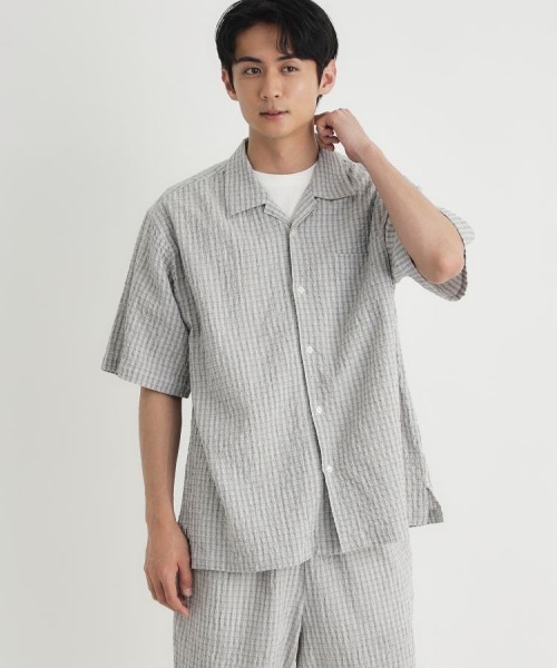 BACK NUMBER(バックナンバー)の「【BACK NUMBER】サッカーチェック半袖シャツ (オープンカラー / 涼感 / 羽織り / 爽やか / リラックスシルエット)(シャツ/ブラウス・メンズ・キナリ/ブラック/ブルー・M/L/XL/S)」の18枚目の写真