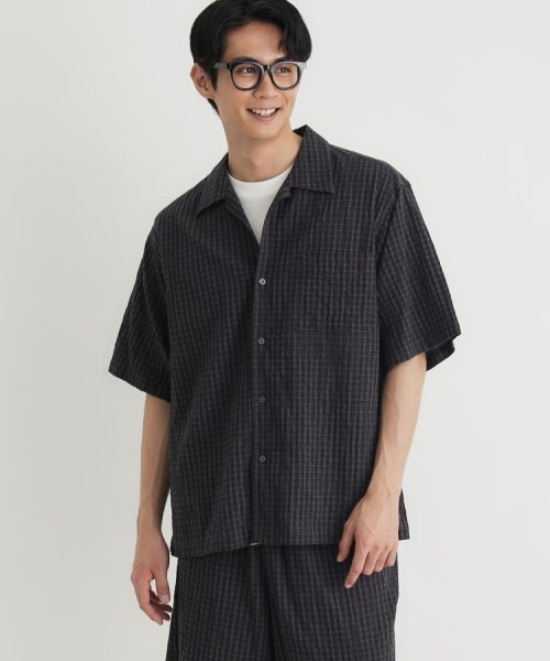 BACK NUMBER(バックナンバー)の「【BACK NUMBER】サッカーチェック半袖シャツ (オープンカラー / 涼感 / 羽織り / 爽やか / リラックスシルエット)(シャツ/ブラウス・メンズ・キナリ/ブラック/ブルー・M/L/XL/S)」の22枚目の写真