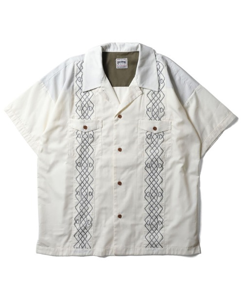 HOUSTON(ヒューストン)の「HOUSTON コード刺繍オープンカラーシャツ(CHEST POKET)(シャツ/ブラウス・メンズ・オフホワイト/オリーブ/チャコール・XX-LARGE/X-LARGE/LARGE/MEDIUM)」の1枚目の写真