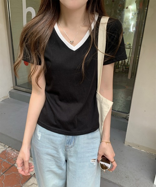 Girly Doll（ガーリードール）の「配色VネックTシャツ（Tシャツ/カットソー・レディース・ホワイト/ブラック・M/L）」の3枚目の写真