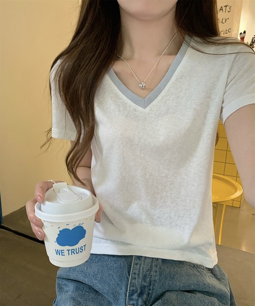 Girly Doll（ガーリードール）の「配色VネックTシャツ（Tシャツ/カットソー・レディース・ホワイト/ブラック・M/L）」の20枚目の写真