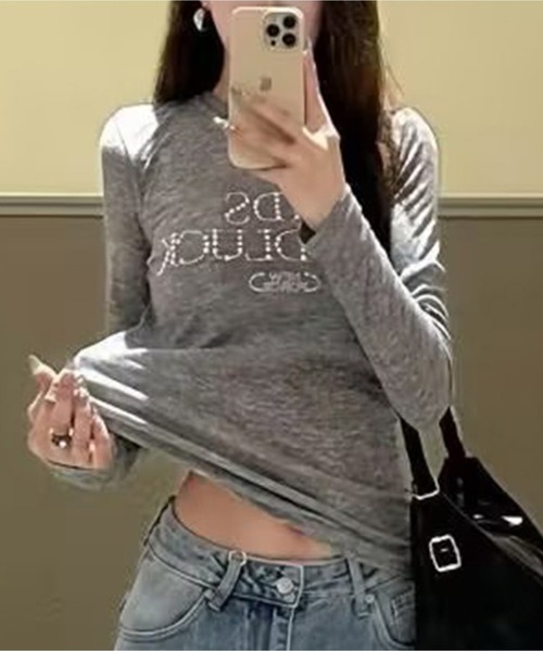 AsheKsha(アシクシャ)の「アメリカンレトロアルファベットスリム長袖Tシャツ(Tシャツ/カットソー・レディース・グレー/ブラック・M)」の10枚目の写真