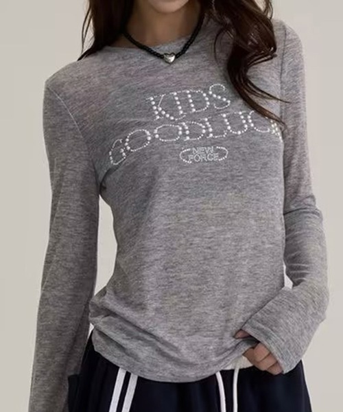AsheKsha(アシクシャ)の「アメリカンレトロアルファベットスリム長袖Tシャツ(Tシャツ/カットソー・レディース・グレー/ブラック・M)」の12枚目の写真