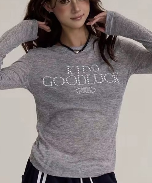 AsheKsha(アシクシャ)の「アメリカンレトロアルファベットスリム長袖Tシャツ(Tシャツ/カットソー・レディース・グレー/ブラック・M)」の13枚目の写真