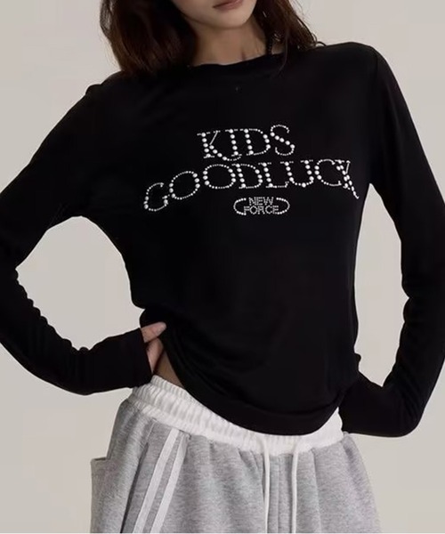 AsheKsha(アシクシャ)の「アメリカンレトロアルファベットスリム長袖Tシャツ(Tシャツ/カットソー・レディース・グレー/ブラック・M)」の21枚目の写真