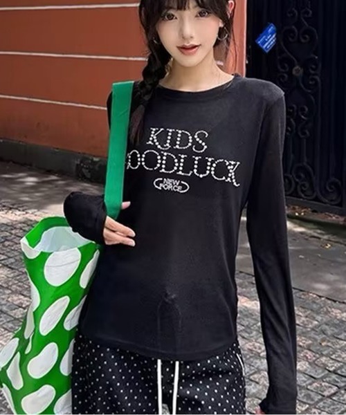 AsheKsha(アシクシャ)の「アメリカンレトロアルファベットスリム長袖Tシャツ(Tシャツ/カットソー・レディース・グレー/ブラック・M)」の22枚目の写真