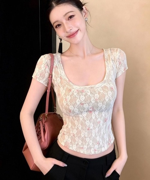 Coyseio 花柄レース付き半袖トップス 花柄総レース U ネック半袖トップス（Tシャツ/カットソー）｜Ritzy