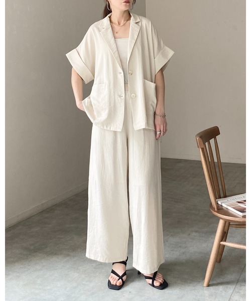 She's Closet(シーズクローゼット)の「リネンタッチ半袖テーラードジャケット&ワイドパンツセットアップ(セットアップ・レディース・ライトベージュ/ベージュ系その他/ブラック系その他/ブラック・FREE)」の10枚目の写真