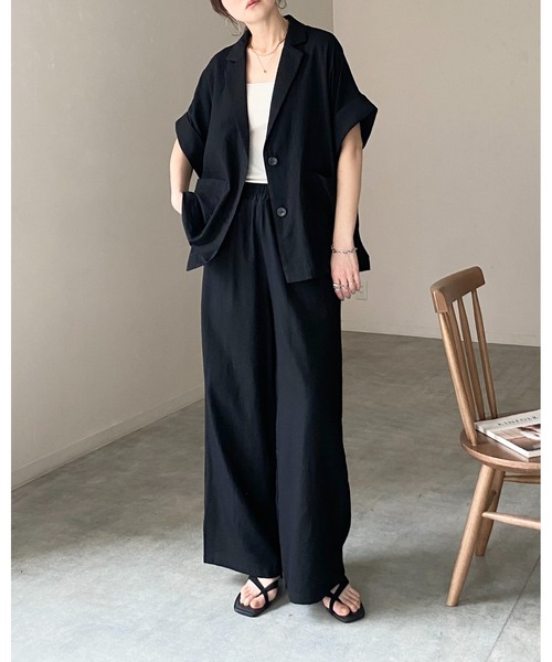 She's Closet(シーズクローゼット)の「リネンタッチ半袖テーラードジャケット&ワイドパンツセットアップ(セットアップ・レディース・ライトベージュ/ベージュ系その他/ブラック系その他/ブラック・FREE)」の12枚目の写真