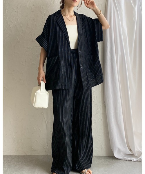 She's Closet(シーズクローゼット)の「リネンタッチ半袖テーラードジャケット&ワイドパンツセットアップ(セットアップ・レディース・ライトベージュ/ベージュ系その他/ブラック系その他/ブラック・FREE)」の14枚目の写真