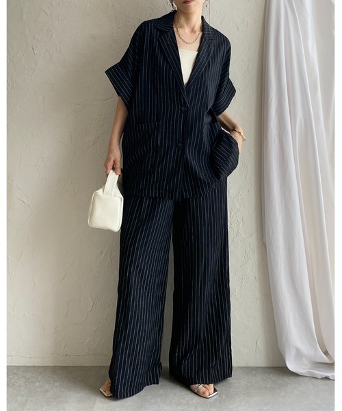 She's Closet(シーズクローゼット)の「リネンタッチ半袖テーラードジャケット&ワイドパンツセットアップ(セットアップ・レディース・ライトベージュ/ベージュ系その他/ブラック系その他/ブラック・FREE)」の16枚目の写真