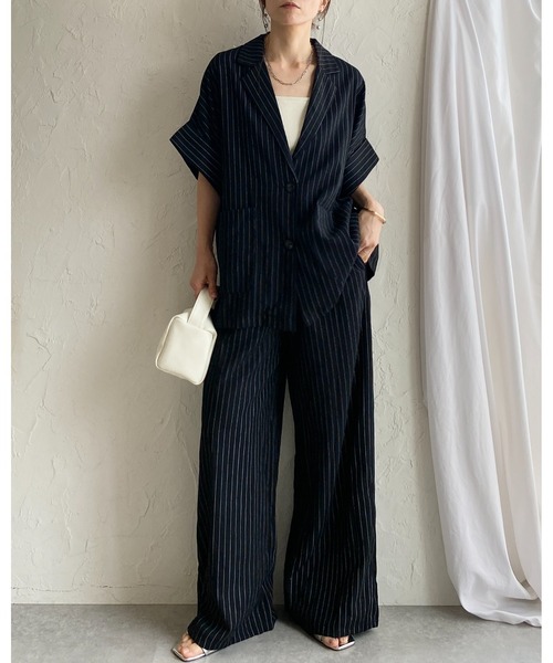 She's Closet(シーズクローゼット)の「リネンタッチ半袖テーラードジャケット&ワイドパンツセットアップ(セットアップ・レディース・ライトベージュ/ベージュ系その他/ブラック系その他/ブラック・FREE)」の17枚目の写真