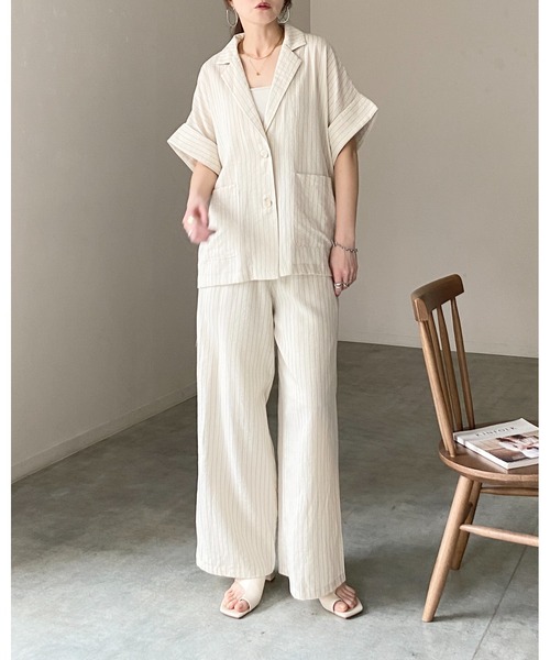 She's Closet(シーズクローゼット)の「リネンタッチ半袖テーラードジャケット&ワイドパンツセットアップ(セットアップ・レディース・ライトベージュ/ベージュ系その他/ブラック系その他/ブラック・FREE)」の20枚目の写真