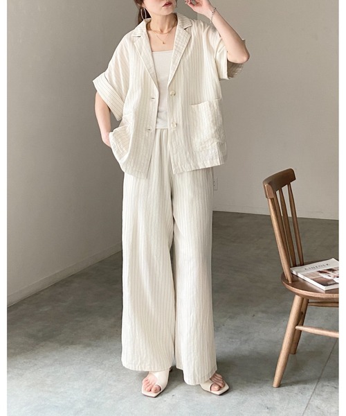 She's Closet(シーズクローゼット)の「リネンタッチ半袖テーラードジャケット&ワイドパンツセットアップ(セットアップ・レディース・ライトベージュ/ベージュ系その他/ブラック系その他/ブラック・FREE)」の5枚目の写真