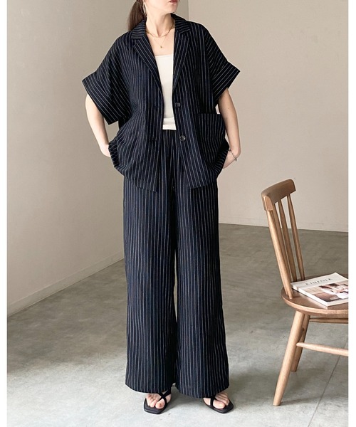 She's Closet(シーズクローゼット)の「リネンタッチ半袖テーラードジャケット&ワイドパンツセットアップ(セットアップ・レディース・ライトベージュ/ベージュ系その他/ブラック系その他/ブラック・FREE)」の7枚目の写真