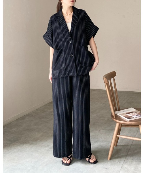 She's Closet(シーズクローゼット)の「リネンタッチ半袖テーラードジャケット&ワイドパンツセットアップ(セットアップ・レディース・ライトベージュ/ベージュ系その他/ブラック系その他/ブラック・FREE)」の8枚目の写真