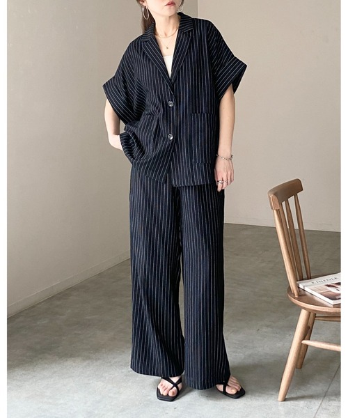 She's Closet(シーズクローゼット)の「リネンタッチ半袖テーラードジャケット&ワイドパンツセットアップ(セットアップ・レディース・ライトベージュ/ベージュ系その他/ブラック系その他/ブラック・FREE)」の9枚目の写真