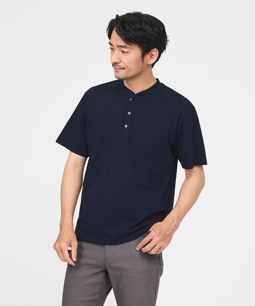 ABAHOUSE GRAY(アバハウスグレイ)の「【SMART CLOSET】シルケット天竺 キーヘンリーネック Tシャツ / 接触冷感 / 遮熱(Tシャツ/カットソー・メンズ・グリーン/ネイビー/ブラック/ホワイト/グレイッシュベージュ・44/50/46/48)」の5枚目の写真