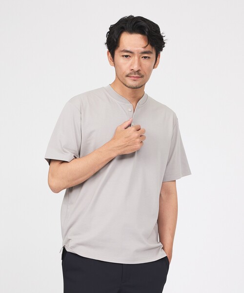 ABAHOUSE GRAY(アバハウスグレイ)の「【SMART CLOSET】シルケット天竺 キーヘンリーネック Tシャツ / 接触冷感 / 遮熱(Tシャツ/カットソー・メンズ・グリーン/ネイビー/ブラック/ホワイト/グレイッシュベージュ・44/50/46/48)」の3枚目の写真