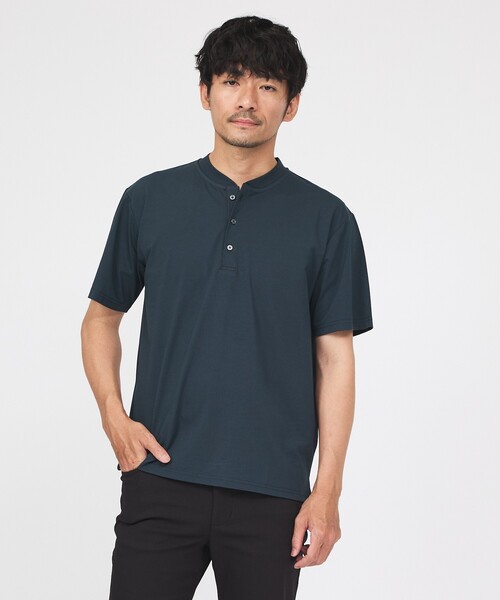 ABAHOUSE GRAY(アバハウスグレイ)の「【SMART CLOSET】シルケット天竺 キーヘンリーネック Tシャツ / 接触冷感 / 遮熱(Tシャツ/カットソー・メンズ・グリーン/ネイビー/ブラック/ホワイト/グレイッシュベージュ・44/50/46/48)」の4枚目の写真