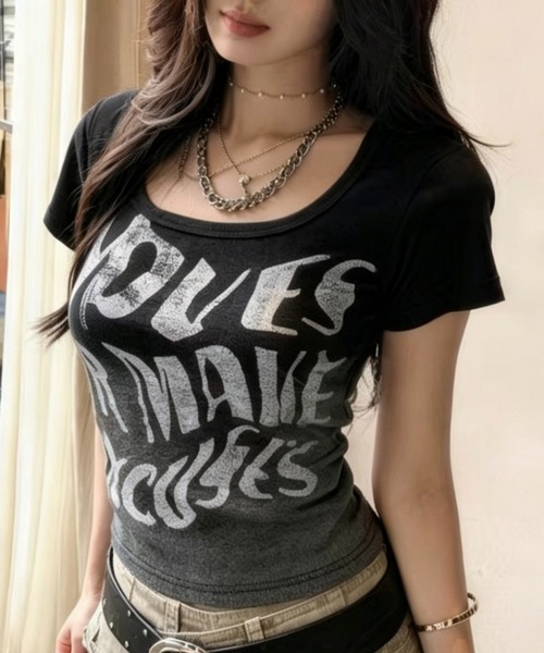Lis ardent(リスアルダン)の「英字前プリント ヴィンテージ風ロゴグラフィックTシャツ / フェアリーグランジコンパクトトップス(Tシャツ/カットソー・レディース・ブルー/ブラック/ブラウン/ピンク・M)」の2枚目の写真