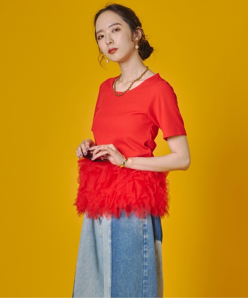 terrace（テラス）の「ティアードチュールドッキングTシャツ（Tシャツ/カットソー・レディース・ベージュ/ブラック/オレンジ/オフホワイト・FREE）」の20枚目の写真
