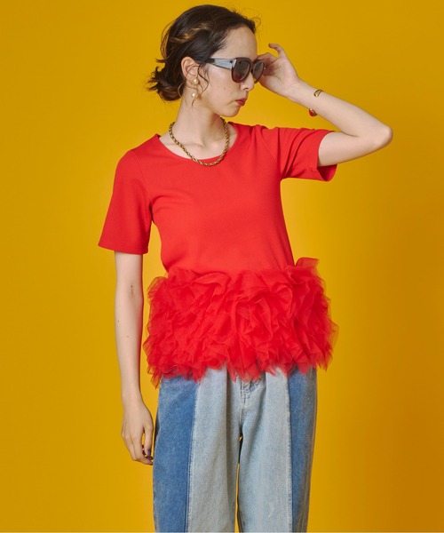 terrace（テラス）の「ティアードチュールドッキングTシャツ（Tシャツ/カットソー・レディース・ベージュ/ブラック/オレンジ/オフホワイト・FREE）」の22枚目の写真