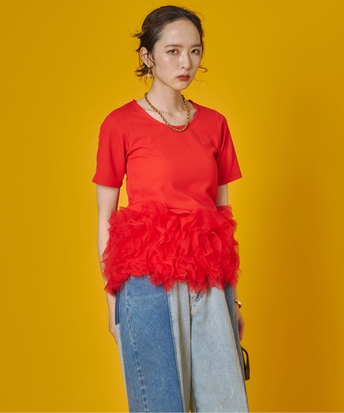 terrace（テラス）の「ティアードチュールドッキングTシャツ（Tシャツ/カットソー・レディース・ベージュ/ブラック/オレンジ/オフホワイト・FREE）」の13枚目の写真