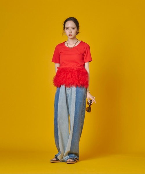 terrace（テラス）の「ティアードチュールドッキングTシャツ（Tシャツ/カットソー・レディース・ベージュ/ブラック/オレンジ/オフホワイト・FREE）」の15枚目の写真