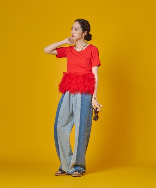 terrace（テラス）の「ティアードチュールドッキングTシャツ（Tシャツ/カットソー・レディース・ベージュ/ブラック/オレンジ/オフホワイト・FREE）」の16枚目の写真
