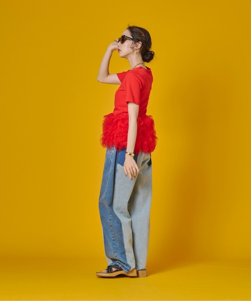 terrace（テラス）の「ティアードチュールドッキングTシャツ（Tシャツ/カットソー・レディース・ベージュ/ブラック/オレンジ/オフホワイト・FREE）」の7枚目の写真