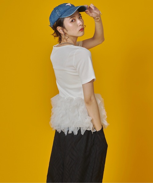 terrace（テラス）の「ティアードチュールドッキングTシャツ（Tシャツ/カットソー・レディース・ベージュ/ブラック/オレンジ/オフホワイト・FREE）」の12枚目の写真