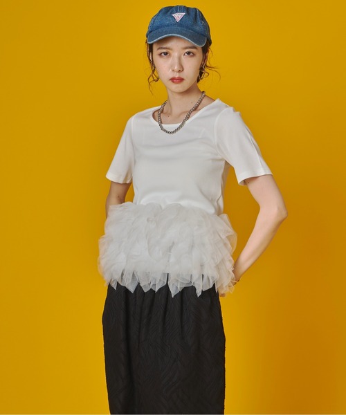 terrace（テラス）の「ティアードチュールドッキングTシャツ（Tシャツ/カットソー・レディース・ベージュ/ブラック/オレンジ/オフホワイト・FREE）」の6枚目の写真