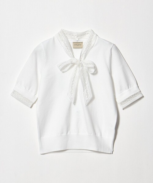 UNITED ARROWS(ユナイテッドアローズ)の「4WAY ボウタイレース ショートスリーブ ニット(ニット/セーター・レディース・ダークグレー/オフホワイト/ネイビー・FREE)」の2枚目の写真