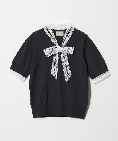 UNITED ARROWS(ユナイテッドアローズ)の「4WAY ボウタイレース ショートスリーブ ニット(ニット/セーター・レディース・ダークグレー/オフホワイト/ネイビー・FREE)」の3枚目の写真