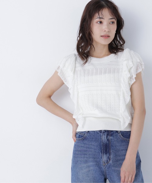 NATURAL BEAUTY BASIC(ナチュラルビューティーベーシック)の「レースフリルミックスニット(ニット/セーター・レディース・ブラック/オフホワイト/バーガンディー・フリ-)」の9枚目の写真