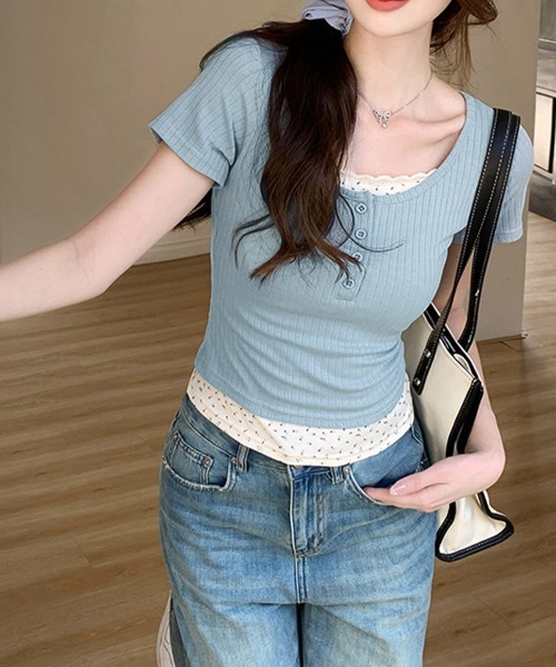Miniministore(ミニミニストア)の「ヘンリーネックTシャツレイヤード風t半袖半袖(Tシャツ/カットソー・レディース・ライトブルー/ブラック/ピンク/アイボリー・FREE)」の1枚目の写真