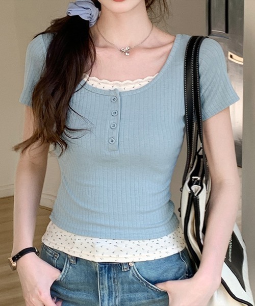 Miniministore(ミニミニストア)の「ヘンリーネックTシャツレイヤード風t半袖半袖(Tシャツ/カットソー・レディース・ライトブルー/ブラック/ピンク/アイボリー・FREE)」の16枚目の写真