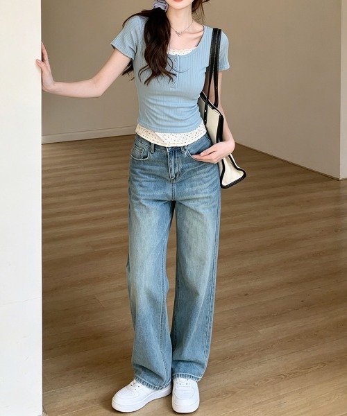 Miniministore(ミニミニストア)の「ヘンリーネックTシャツレイヤード風t半袖半袖(Tシャツ/カットソー・レディース・ライトブルー/ブラック/ピンク/アイボリー・FREE)」の17枚目の写真