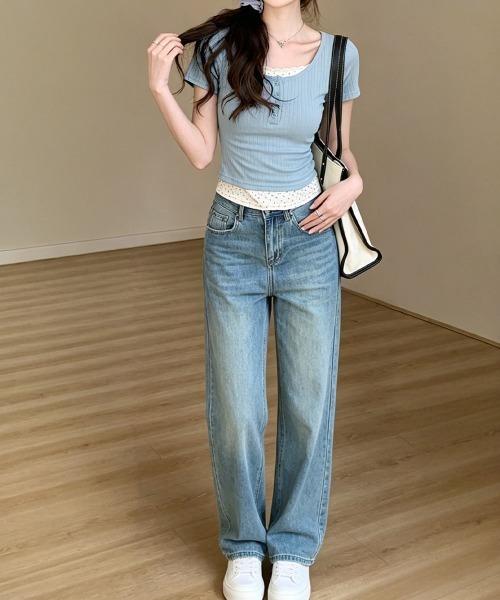 Miniministore(ミニミニストア)の「ヘンリーネックTシャツレイヤード風t半袖半袖(Tシャツ/カットソー・レディース・ライトブルー/ブラック/ピンク/アイボリー・FREE)」の18枚目の写真